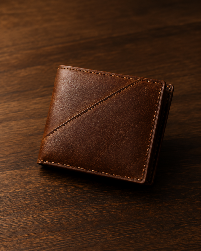 Brown Leather Wallet Dark Wood
